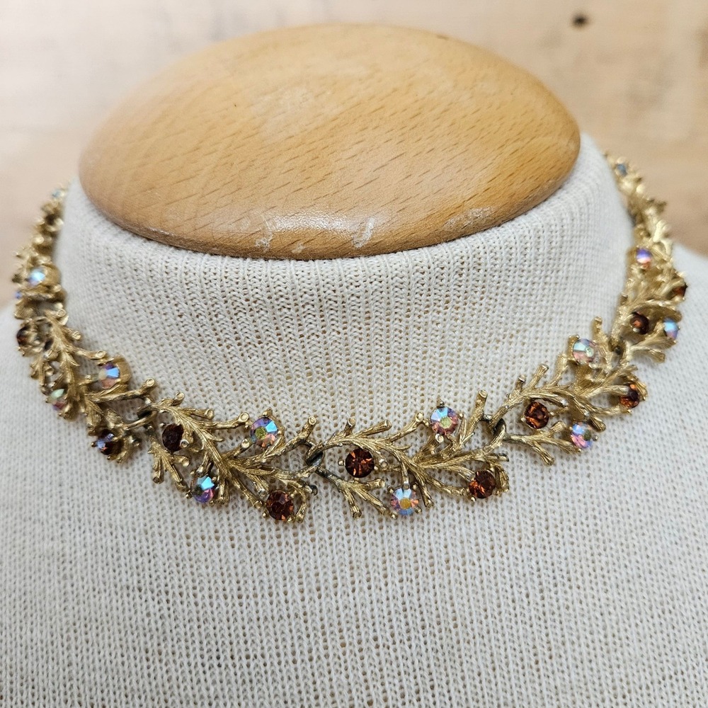 Lisner Vintage Gold Tone Branch Choker Necklace Aurora Borealis Rhinestone